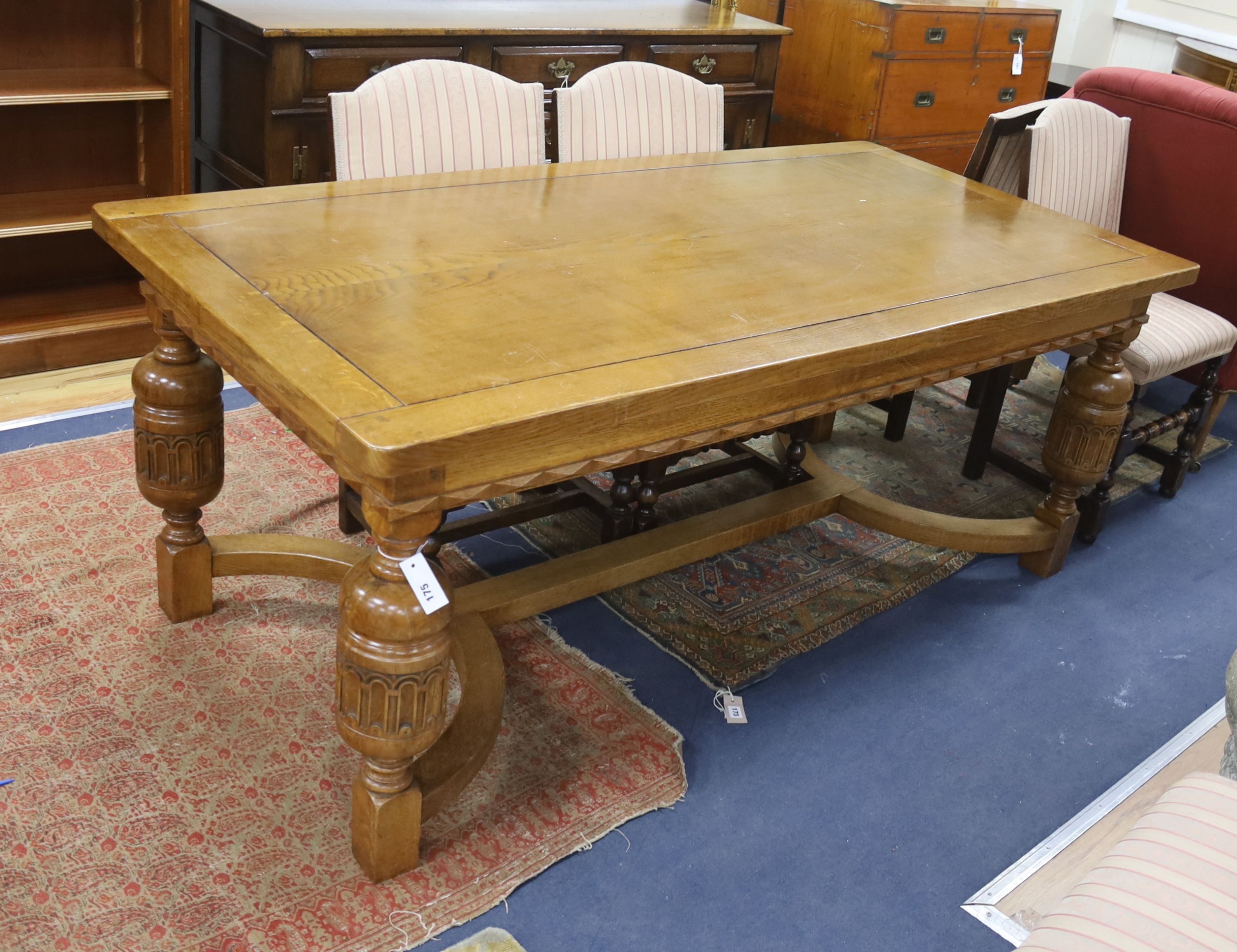 An 18th century style rectangular oak refectory dining table, length 182cm, depth 90cm, height 74cm